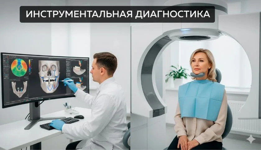 Инструментальная диагностика: КЛКТ для оценки структуры челюстной костной ткани перед установкой имплантата.