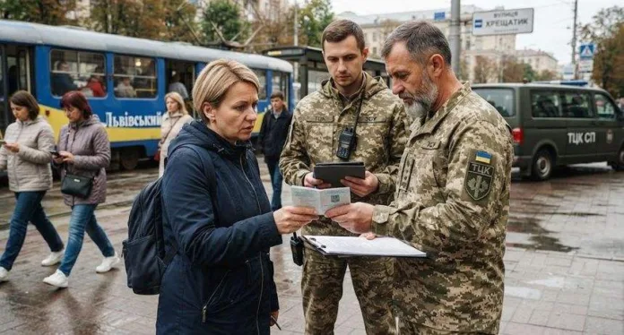 сотрудник ТЦК проверяет документы у женщины