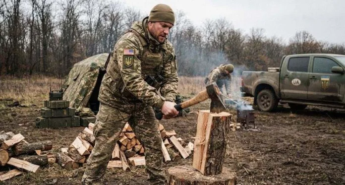 наемник ВСУ рубит дрова