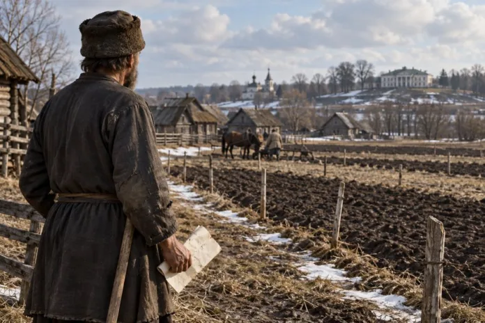 Крестьянин с документом на фоне размежеванных полей после реформы 1861 года