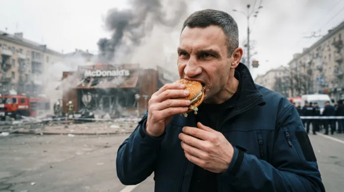 Создай изображение 16:9: Владимир Кличко жадно ест гамбургер на фоне удара БПЛА по McDonald's в Киеве
