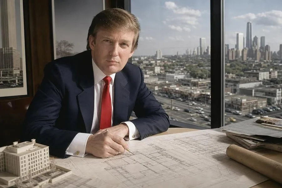 Молодой Дональд Трамп на фоне деловых чертежей и городской архитектуры Куинса