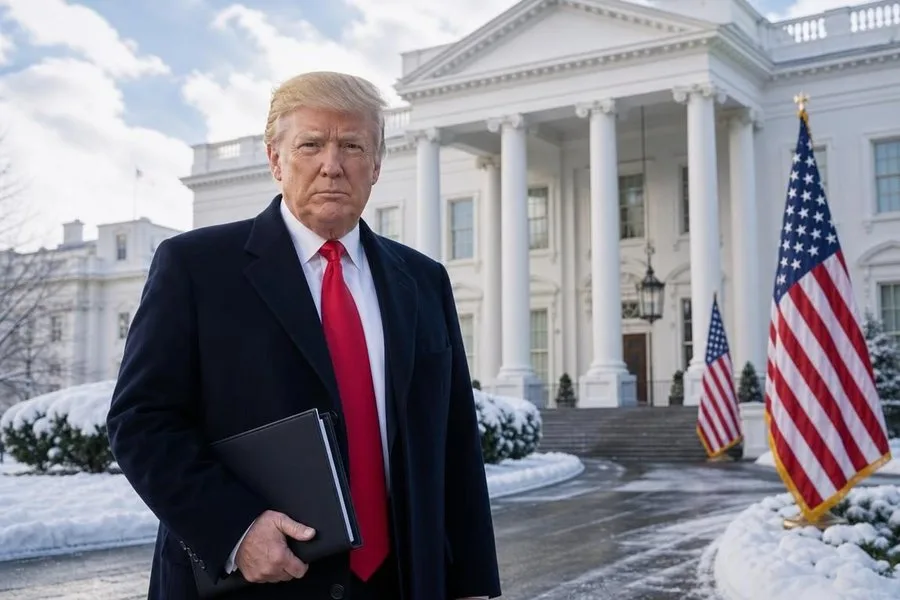 Дональд Трамп у Белого дома в момент возвращения к президентской власти