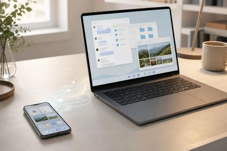 Премиальный ноутбук Googlebook рядом с Android-смартфоном и визуальной связью между устройствами