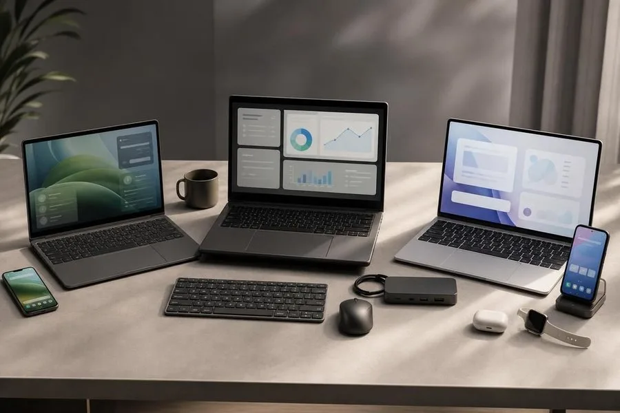 Сравнение Googlebook с Windows-ноутбуком и MacBook в нейтральной технологичной сцене
