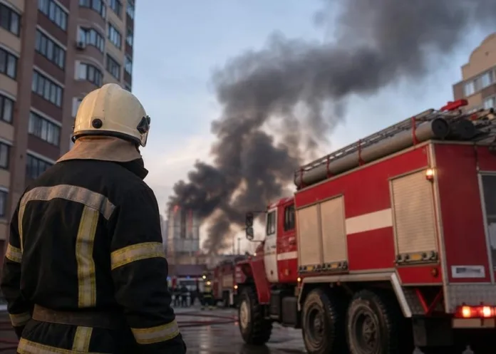 Пожарный стоит рядом с пожарными машинами на улице, на заднем плане поднимается густой дым.