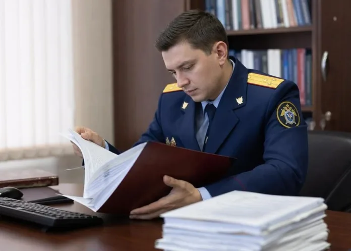 Мужчина в форменной одежде сидит за столом и просматривает документы в папке; на переднем плане лежат стопки бумаг.