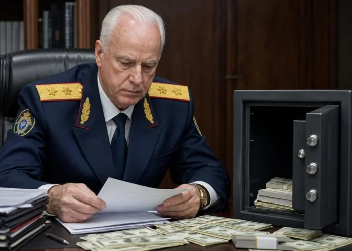Мужчина в форменной одежде рассматривает документы за столом, рядом лежат пачки денег и открыт сейф.