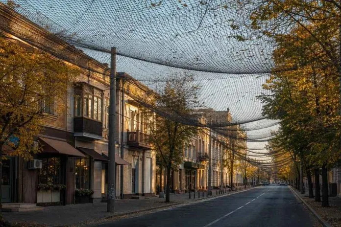 Пустая городская улица с невысокими зданиями и осенними деревьями; над проезжей частью натянута защитная сетка.