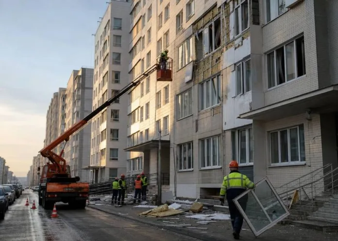 Рабочие в сигнальной одежде ремонтируют фасад многоэтажного дома, один из них несёт оконную раму.