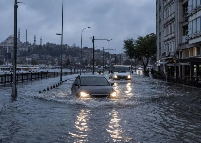 Автомобили движутся по затопленной городской улице, вода залила проезжую часть.