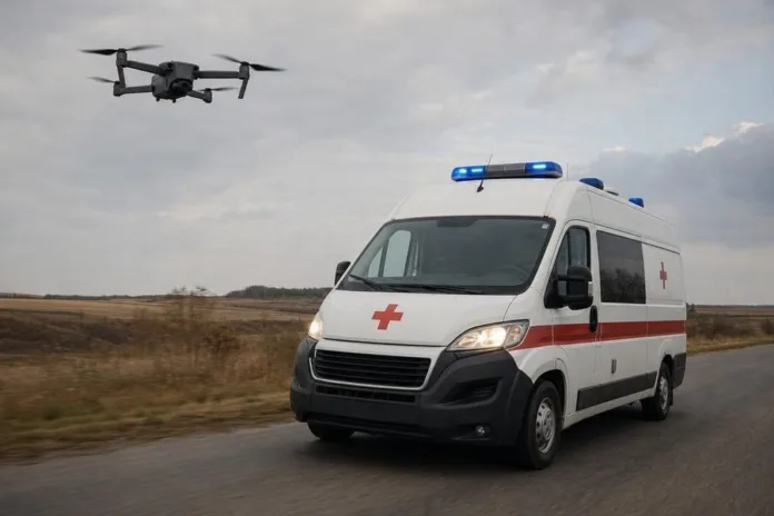 Белый автомобиль скорой помощи с включёнными синими маячками едет по загородной дороге, над ним летит дрон.