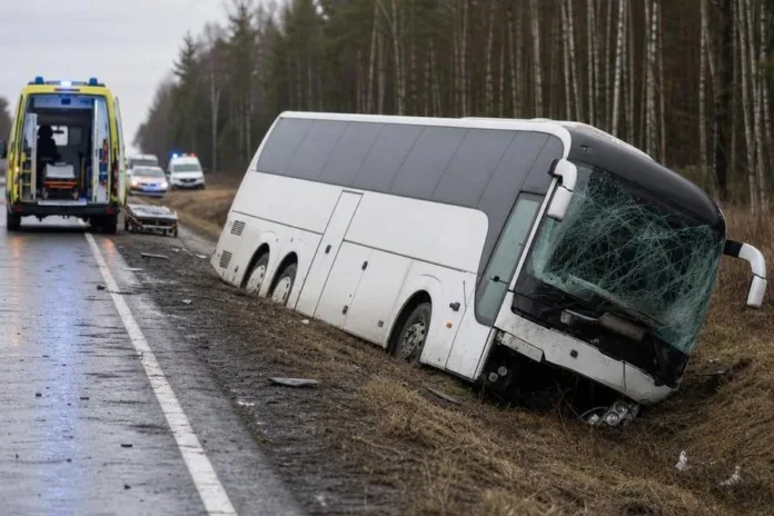 Белый автобус съехал в придорожную канаву; рядом на мокрой дороге стоят машины скорой помощи.