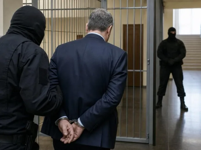 Мужчина в костюме стоит со скованными наручниками руками у решётчатой двери, рядом — человек в чёрной форме и маске; в коридоре виден ещё один человек в маске.