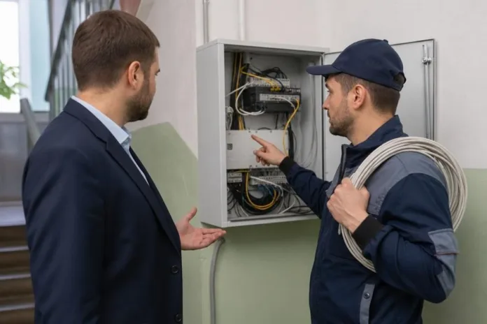 Двое мужчин осматривают открытый электрический щиток; специалист в рабочей одежде указывает на проводку, держа бухту кабеля.