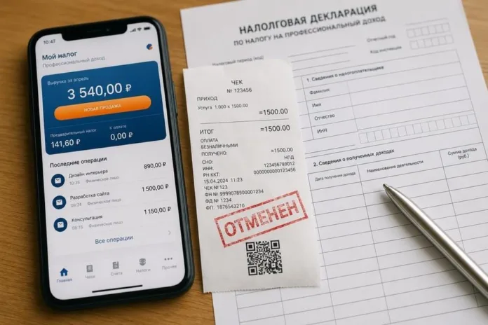 На деревянном столе лежат смартфон с экраном налогового приложения, налоговая декларация, чек с красной отметкой и металлическая ручка.