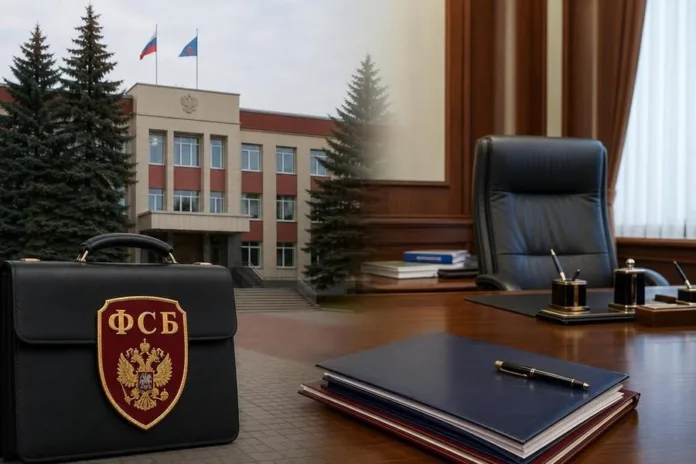 На фоне административного здания с флагами показан кабинет с пустым креслом, документами на столе и портфелем с эмблемой ФСБ.