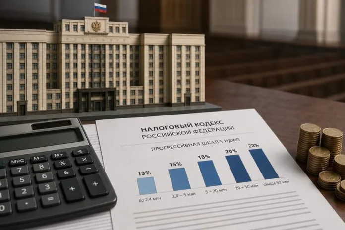 Макет здания с российским флагом стоит за листом с графиком ставок НДФЛ; рядом лежат калькулятор и стопки монет.