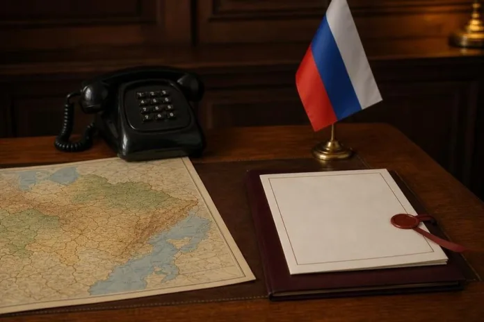 На деревянном столе лежат карта и запечатанный документ; рядом стоят телефон и российский флаг.