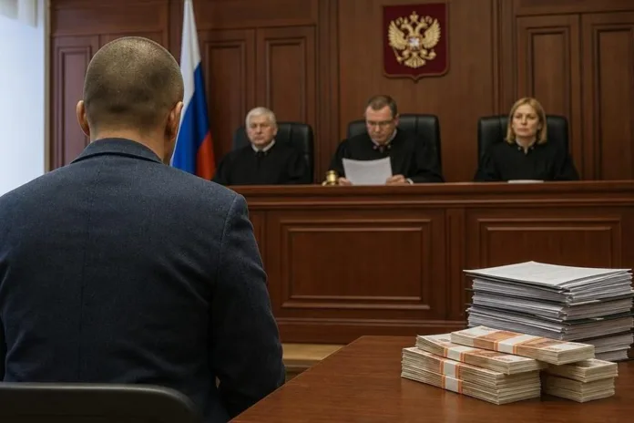 Мужчина сидит спиной к зрителю перед тремя судьями; на столе лежат стопки бумаг и пачки денег.