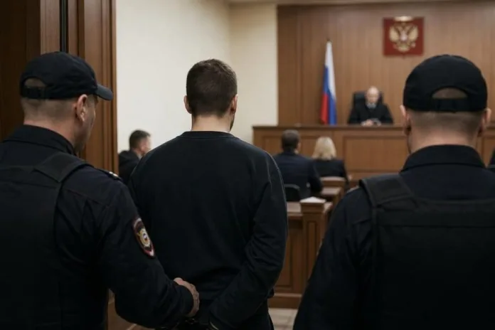 В зале суда мужчина стоит между двумя полицейскими, перед ними за столом находится судья.