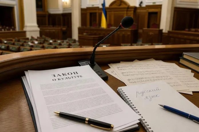 На деревянной трибуне в зале заседаний лежат документы, тетрадь и ручка рядом с микрофоном; на заднем плане виден флаг.