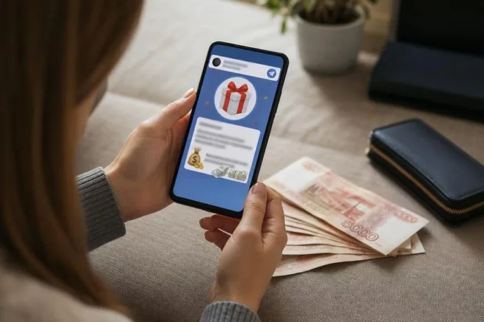 Человек держит смартфон с сообщением о подарке; на столе лежат купюры и кошелёк.