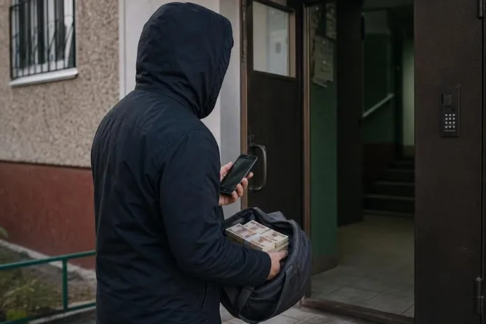 Человек в капюшоне стоит у входа в подъезд, смотрит на телефон и держит открытую сумку с пачками денег.