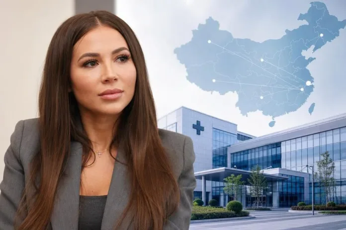 Женщина в сером пиджаке стоит на фоне современного больничного здания и схематичной карты с отмеченными точками.