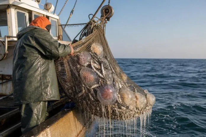 Рыбак на борту судна поднимает из моря сеть с медузами.
