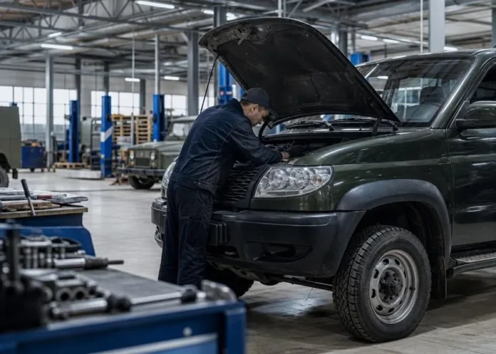 Механик осматривает двигатель внедорожника с открытым капотом в автомобильной мастерской.