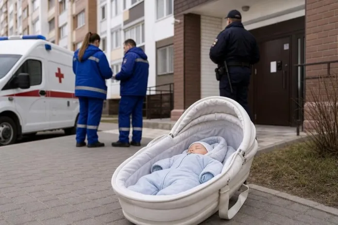 Младенец лежит в белой коляске у подъезда; рядом стоят двое медиков, полицейский и машина скорой помощи.