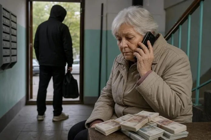 Пожилая женщина разговаривает по телефону, сидя за столом с пачками денег; у выхода из подъезда стоит человек с сумкой.