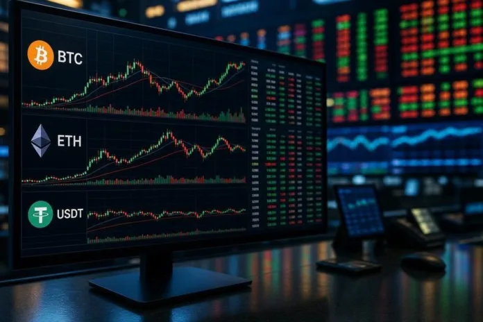 На мониторе отображаются графики и котировки криптовалют Bitcoin, Ethereum и USDT; на заднем плане видны другие торговые экраны.