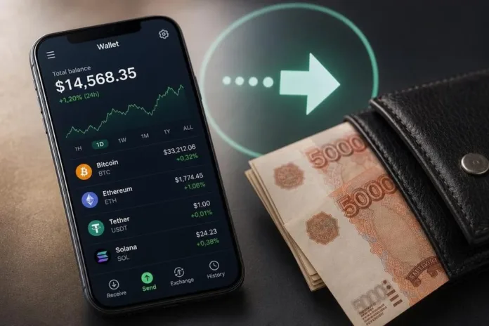 Смартфон с экраном криптовалютного кошелька лежит рядом с бумажными купюрами в кожаном кошельке; на фоне показана стрелка перевода.