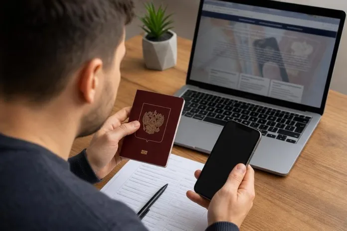 Человек за столом держит паспорт и смартфон рядом с ноутбуком и заполненной анкетой.