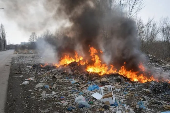 На захламлённой обочине горит мусор, поднимается густой дым; рядом проходит дорога и растут голые деревья.