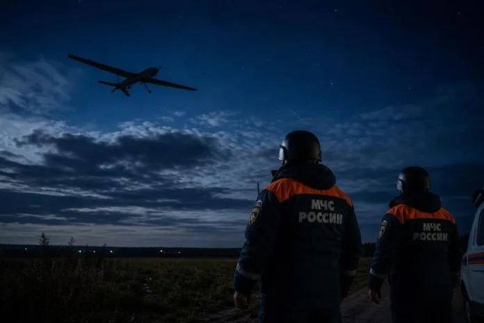 Двое сотрудников МЧС стоят у поля и смотрят на самолёт в сумеречном небе.