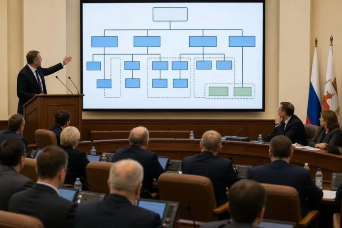 Мужчина у трибуны показывает на схему на большом экране перед участниками заседания в зале.