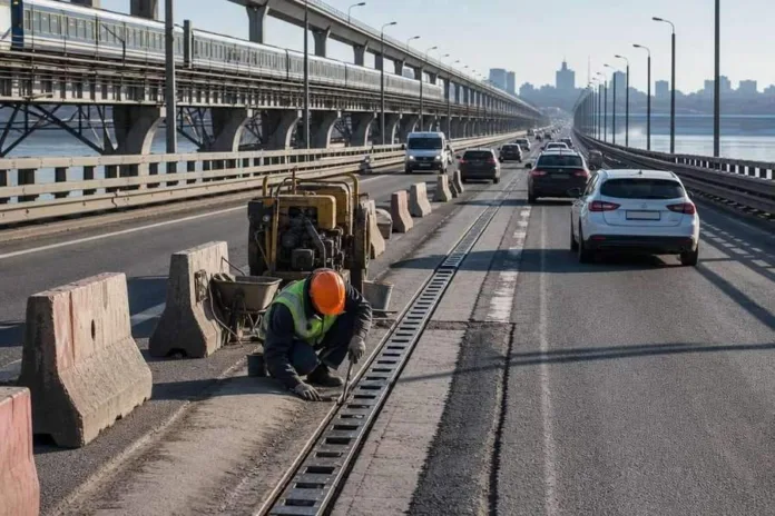 Рабочий в защитной каске ремонтирует дорожное покрытие на мосту, рядом движутся автомобили.