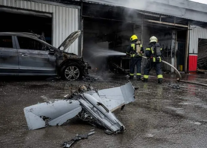 Двое пожарных тушат горящий ангар рядом с повреждённым автомобилем и обломком небольшого самолёта.