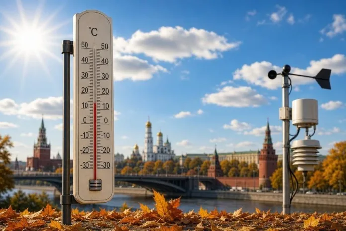 Термометр и метеорологический прибор на фоне реки и башен Кремля; на земле лежат осенние листья.