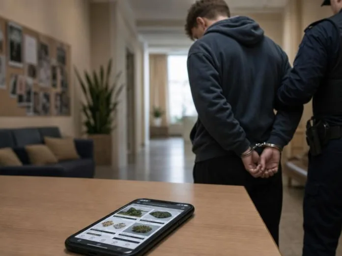 В помещении полицейский стоит рядом с мужчиной в наручниках; на переднем плане на столе лежит смартфон с изображениями растений.