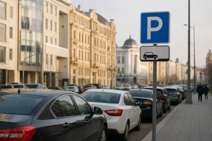 Припаркованные автомобили стоят вдоль городского тротуара рядом со знаком парковки.