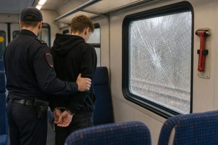 В вагоне поезда полицейский держит мужчину со скованными за спиной руками; рядом разбито окно.