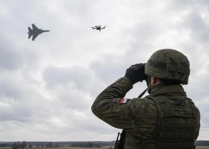 Военный в камуфляже наблюдает за самолётом и дроном в пасмурном небе.