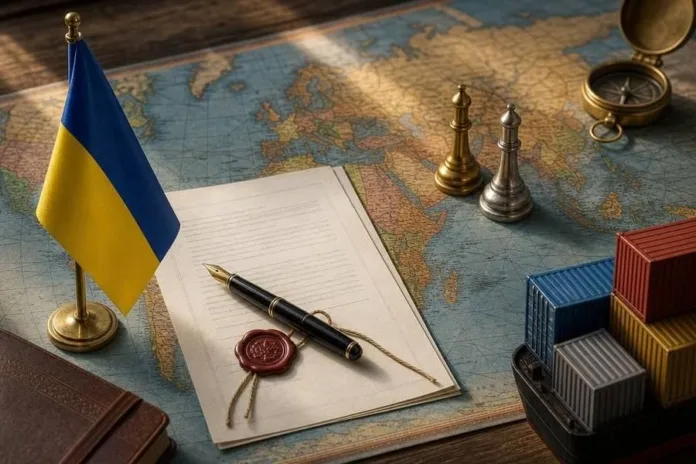 На карте мира лежат украинский флаг, документ с ручкой и печатью; справа видны фигурки и контейнеры.