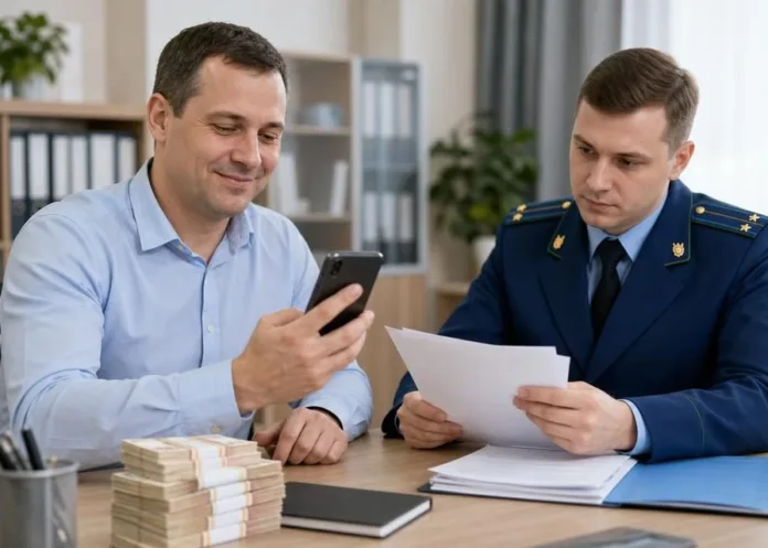 В кабинете мужчина показывает смартфон сотруднику в форменной одежде, который рассматривает документ; на столе лежат бумаги и стопки денег.