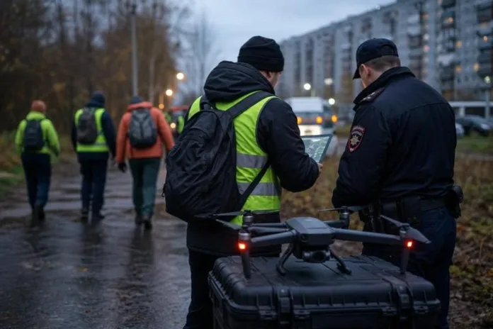 На мокрой городской улице мужчина в светоотражающем жилете показывает устройство полицейскому рядом с дроном и защитным кейсом; несколько человек уходят вдаль.