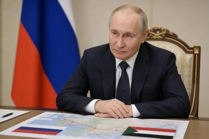 Владимир Путин сидит за столом с картой перед собой; позади него виден российский флаг.